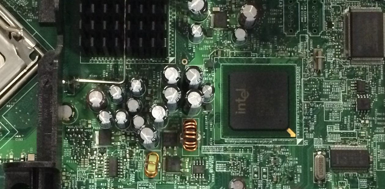 close up of a Dell mother board with Intel chip showing